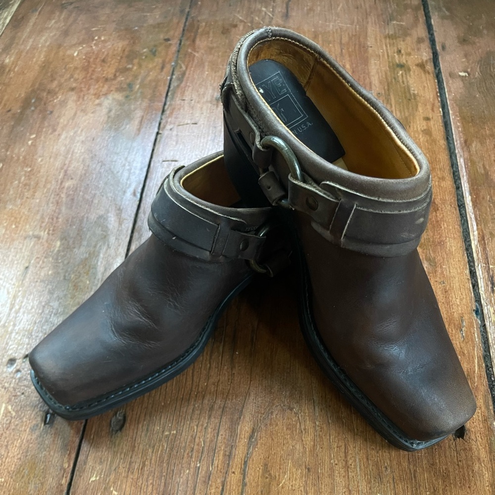 Tan Frye Belted Harness Mules